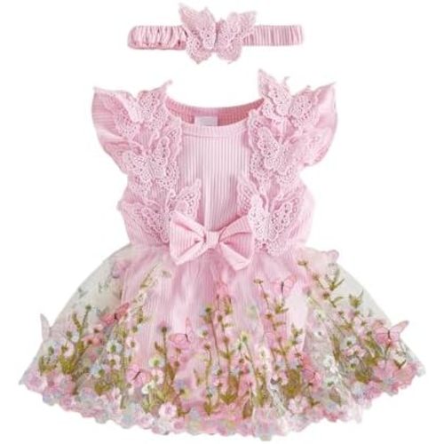 Douhoow Baby Girl Dress Romper Baby Romper Dress Flowers Embroidery Tulle Skirt Infant Girl Summer Clothes with Headband