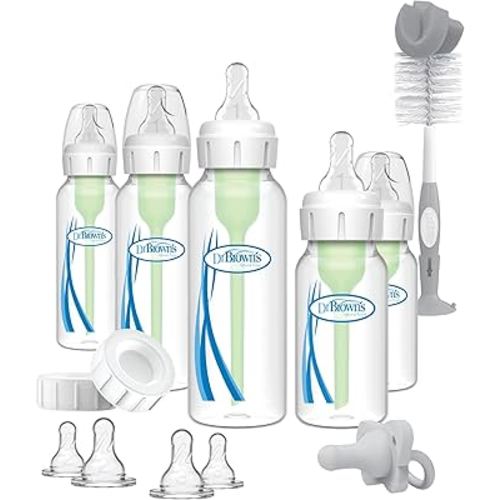 Dr. Brown's Natural Flow Anti-Colic Options+ Narrow Baby Bottle Gift Set, Newborn Essentials with Baby Bottle Brush & 100% Silicone HappyPaci Pacifier, 0m+