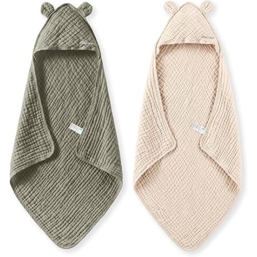 Momcozy Baby Towels, 6-Layer 100% Cotton Muslin Hooded Baby Towel Set for Newborn, Infant & Toddler, Soft Absorbent Baby Bath Essentials, Large 32 x 32 Inch