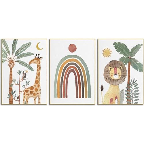 Wodkwq Nursery Wall Art Safari Animal Canvas Prints Girl Boy Baby Room Decor Poster Toddler Room Decoration Boho Rainbow Painting Jungle Pictures Set of 3 for Kids Bedroom Bathroom 16x24in Unframed