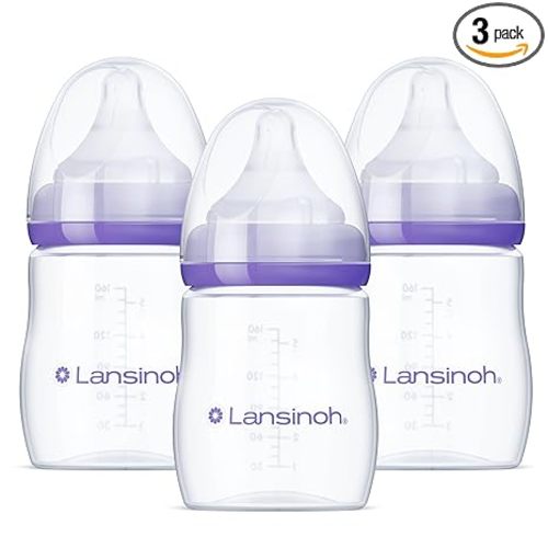 Lansinoh Anti-Colic Baby Bottles, BPA-Free Plastic, 5 Ounces, 3 Count, Slow Flow Nipples (Size S), Breastfeeding Bottle with NaturalWave Design, Baby Essentials