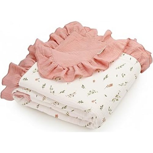 meowcards Muslin Swaddle Ruffled Blankets for Baby, Unisex Baby Boys Girls Essentials, Large 52 x 52 inches, Boho Receiving Blankets Newborn Registry Must Haves (Blush Meadow-Ruffled, Printed)