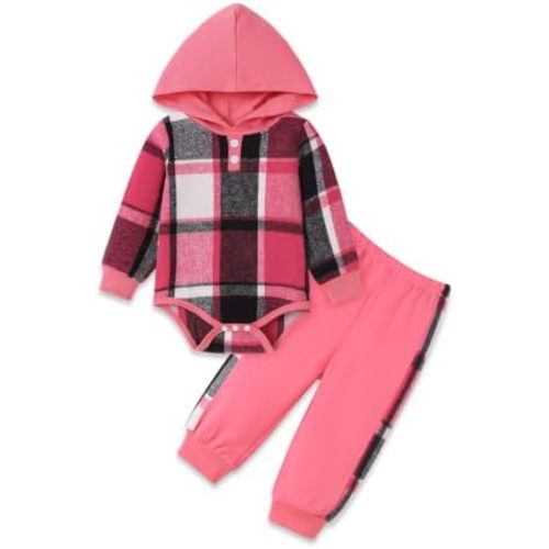 Baby Girl Clothes Plaid Hooded Romper Set Infant Outfits 0-12 Months