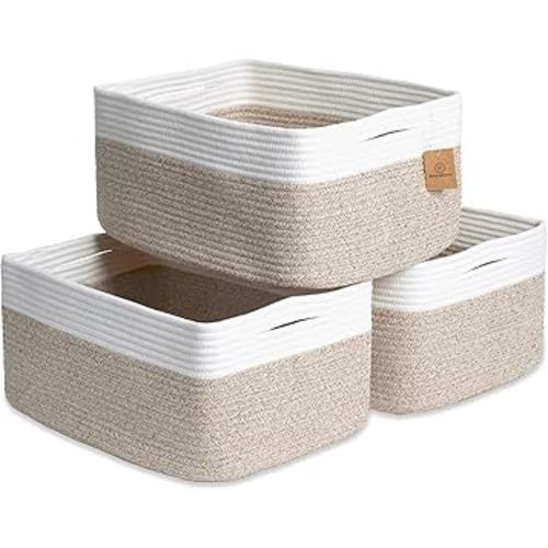 NaturalCozy Storage Baskets 16.8”x13”x7.6” Cotton Rope Woven Baskets for Organizing 3-Pack | Toy Storage Bins | Basket for Shelves, Laundry, Blanket, Clothes, Closet, Kitchen, Bathroom, Gifts