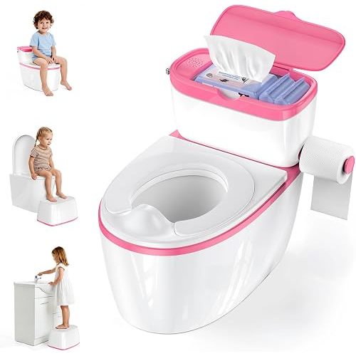 3-in-1 Toddler Potty Training Toilet with Flushing Sound, Wipes Storage & Toilet Paper Holder, Realistic Potty Chair with Detachable Seat and Easy-Clean Design for Boys & Girls Ages 18+ Months (Pink)