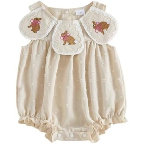 Newborn Baby Girl Easter Outfit Bunny Bow Embroidery Collar Sleeveless Bubble Romper Bodysuit Jumpsuit Clothes