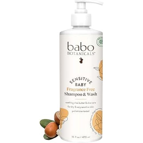 Babo Botanicals Sensitive Baby Fragrance-Free 2-in-1 Shampoo & Wash - Shea Butter, Calendula & Aloe Vera - EWG Verified - Cruelty-Free - Vegan - Pediatrician Tested - For Babies & Kids