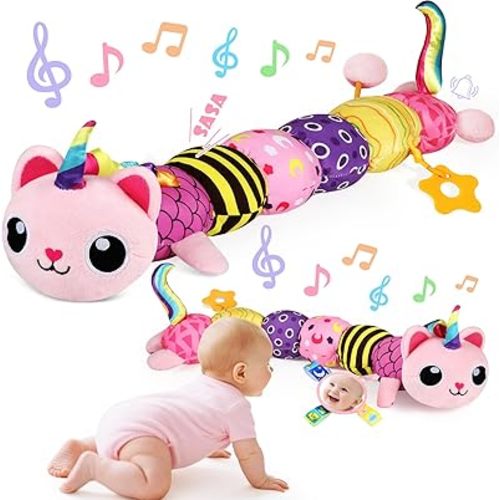 Baby Toys 0-6 6-12 Months, Sensory Musical Animal Stuffed Plush Unicorn Cat Toy for Infant 0-3-6 Months & Up, Tummy Time with Mirror Crinkle Rattle, Christmas Baby Shower Gifts for Newborn Boys Girls