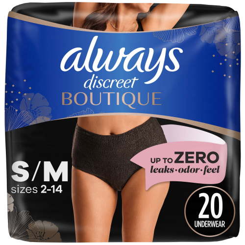 Always Discreet Boutique Incontinence and Postpartum Underwear for Women, Maximum Protection, S/M, Black, 20 Count HSA/FSA Eligible