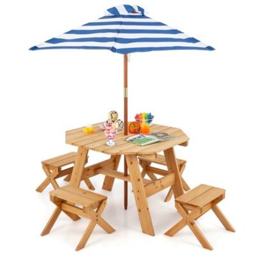 Costway Kids Wooden Table Set with Octagon Table 4 Stools & Removable Adjustable Umbrella Grey/Natural