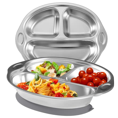 Mrs. Chou Stainless Steel Baby Suction Plates: Divided Plates for Babies and Toddlers, Made of 100% Food-Grade Materials Ideal for Baby-Led Weaning BPA-Free Toddler Feeding Dishwasher Safe Gray
