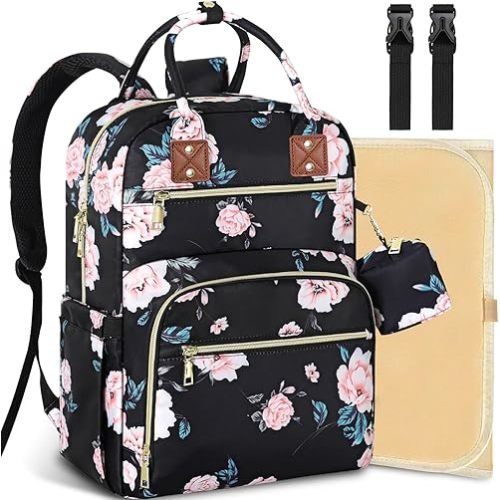 Tenot Baby Diaper Bag Backpack, Travel Diaper Bags for Girl Boy Large Capacity Baby Bag Backpack for Women Black Floral
