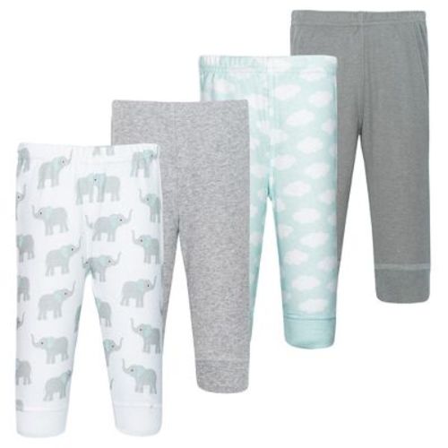 Hudson Baby Basics Infant Boy Comfy Cotton Pants 4-Pack, Mint Elephant Trail, Newborn