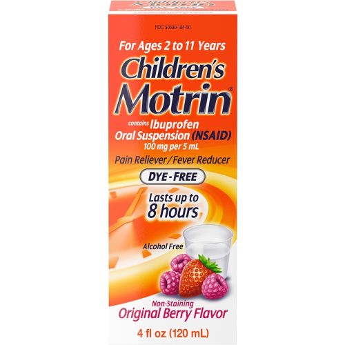 Motrin Children's Oral Suspension 100mg Ibuprofen Medicine, NSAID Fever Reducer & Pain Reliever for Minor Aches & Pains Due to Cold & Flu, Dye Free, Alcohol-Free, Berry Flavored, 4 fl. Oz