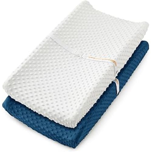 Homiest 2 Pack Changing Pad Cover, White + Light Navy Blue Changing Table Sheets, Ultra Soft Fleece Minky Dot Fabric, Breathable Comfortable Diaper Pad Cover for Girls and Boys, Machine Washable