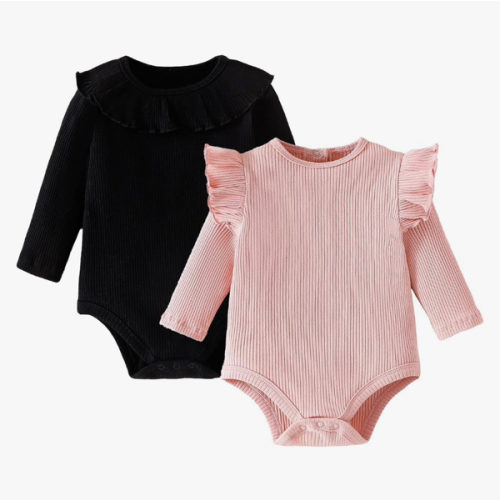 ROMPERINBOX Baby Girl Bodysuit 2 Pack, Long Sleeve Ribbed Knitted Onsies Ruffle Collar and Flutter Sleeve Fall Winter Clothes