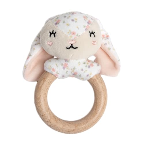 Pearhead Bunny Wooden Baby Teether – Soft Plush Lovey with Floppy Ears & Natural Wood Rattle Ring, BPA-Free, Soothes Infant Gums, Multi-Sensory Newborn Essential for Girls, Pink Floral, 0+ Months