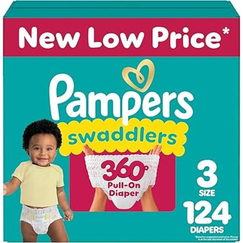 Pampers Diapers - Swaddlers 360° - Size 3, 124 Count, up to 100% Leakproof Comfy Dry Fit, Designed for Easy Changes, Pull On Baby Diaper (Packaging May Vary)