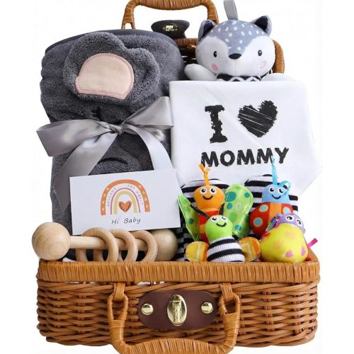 10-Piece Baby Gift Set – Newborn Baby Gifts & Baby Shower Gifts, Newborn Essentials with Blanket, Bibs, Wrist & Sock Rattles