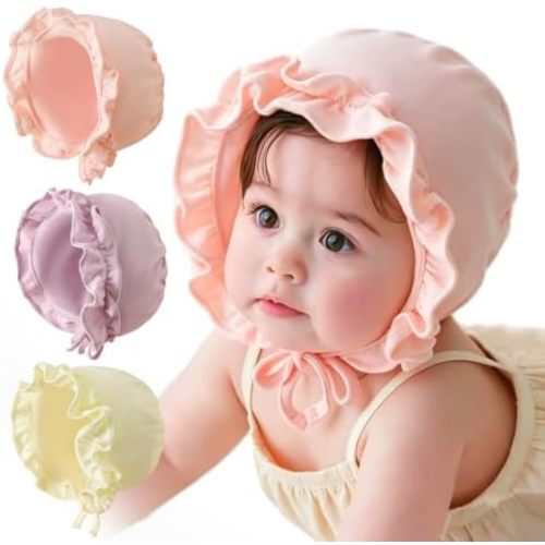 3 Pack Baby Girl Ruffle Bonnet Hats 3-24M, Soft Cotton Newborn Infant Caps