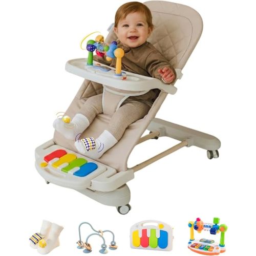 Cuddo Baby Bouncer Montessori| Sensory Toy, Piano, Tray, Rattle Socks| Khaki