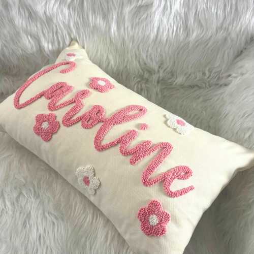 Floral Embroidery Custom Name Pillow: Soft Cotton Nursery Decor