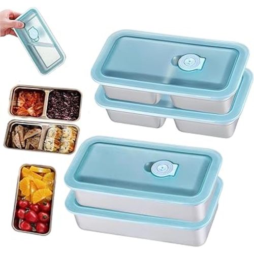 304 Stainless Steel Bento Box,2 Compartment Stainless Steel Snack Containers With Lids,30oz Reusable Leakproof Lunch Container for Travel,Camping,Picnic,Work (Single+Double-4pcs)