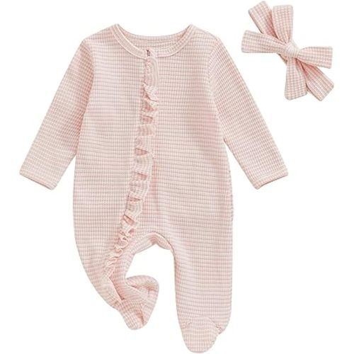 ZAXARRA Newborn Baby Girl Coming Home Outfit Solid Color Ruffle Long Sleeve Footies Romper Infant Fall Bow Headband Clothes