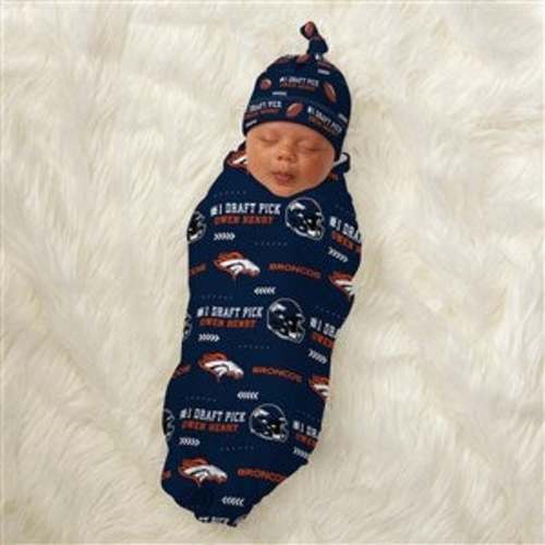 Denver Broncos Personalized NFL Baby Hat & Receiving Blanket Set