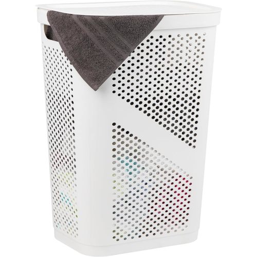 Mind Reader Slim Laundry Hamper with Lid, 60L Clothes Basket, Ventilated Plastic, White