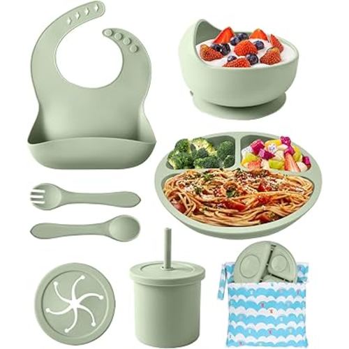 Silicone Baby Feeding Set, 10 Pcs Baby Led Weaning Supplies Baby Eating Essentials Set with Suction Bowl Divided Plate Adjustable Bib Soft Spoon Fork Cup with Lid Drinking Cup, Travel Bag (Green)