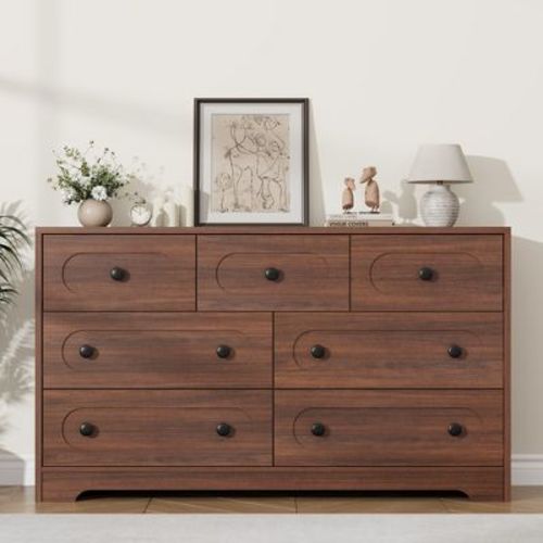 7 Drawer Dresser for Bedroom, 55" Wide Closet with Deep Drawer & Metal Knobs, Wooden Walnut Chest of Drawers for Living Room, Entryway, Hallway