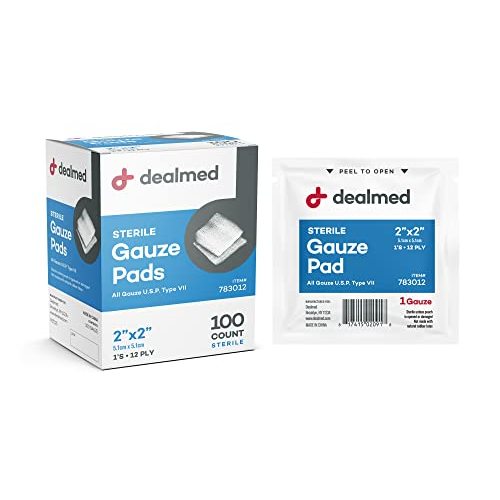 Dealmed 2’’ x 2’’ Sterile Gauze Pads (100 Count) Disposable and Individually Wrapped Medical Gauze Pads, Wound Care Product for First Aid Kit and Medical Facilities (Pack of 1)