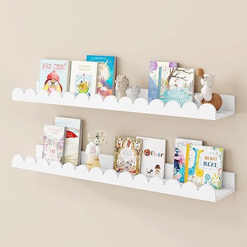 Fun Memories 28 Inch Scalloped Floating Shelf, White Picture Ledge for Wall, Set of 2, Nursery Book Shelves for Baby Room, Kids Rooms, Bedroom
