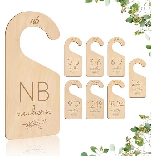 Wooden Baby Closet Dividers - 8 Pcs Double-Sided Design for Newborn Nursery Room Wardrobe Storage by Months Size - Perfect Toddler Clothes Organizer (Olive-1)