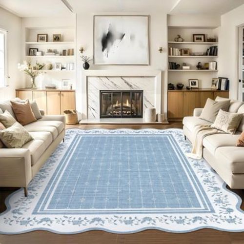 8'x10' Blue Modern Scalloped Floral Area Rug, Washable Soft Non Slip Low Pile Indoor Carpet, Farmhouse Rugs for Living Room Bedroom Office Kitchen