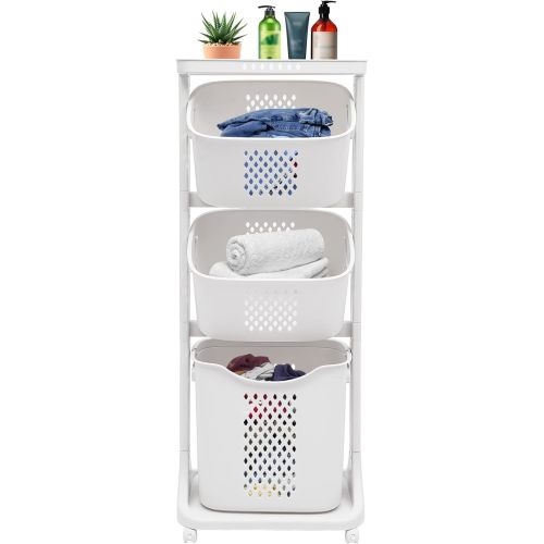 3 Tier Laundry Hamper Basket Sorter, Clothes Storage with Wheels Removable Storage Basket, Laundry Sorter Cart with Handle, Freestanding Clothes Hamper Organizer for Bathroom, Bedroom