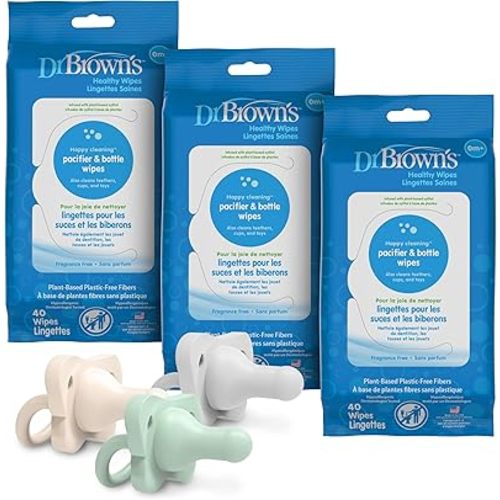 Dr. Brown's Bottle Wipes 40 Count 3 Pack, HappyPaci Silicone Pacifier 0-6m 3 Count 3 Pack
