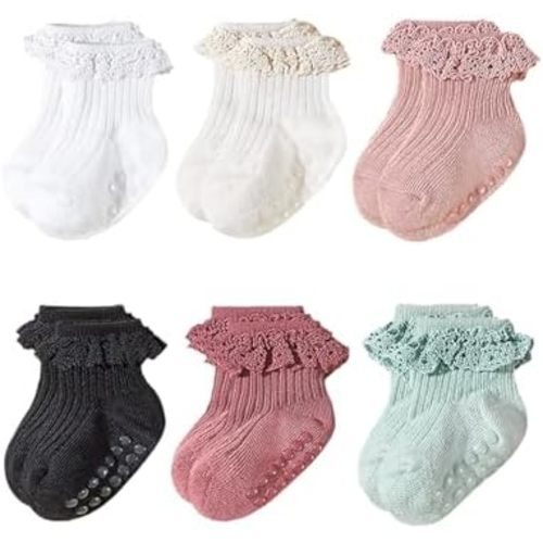 Looching 6 Pack Baby Toddler Girls Anti Slip Socks Ruffle Frilly Non Skid with Grips Cute Ankle Lace Socks for Infant Kids