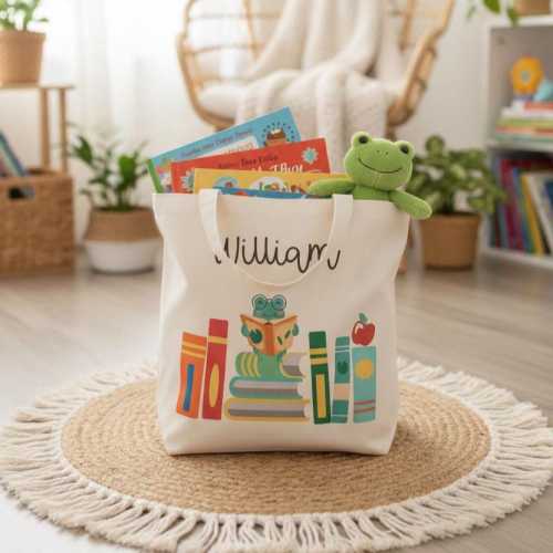 Personalized Kids Canvas Tote Bag, Custom Name, Library Book Bag: Christmas Gift for kids