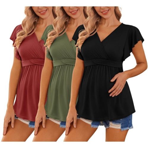 Ekouaer Maternity Shirts 3 Packs Flying Short Sleeve Nursing Tops Pregnancy Clothes Black/army Green/Burgundy(3pcs) M