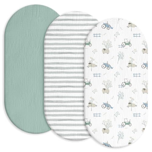 Gllquen Baby Muslin Bassinet Sheets 3 Pack, Breathable Elastic Cozy Fitted Cotton Bassinet Mattress Sheet for Baby Boy Girls, Fit for Hourglass Oval Rectangular Cradle Pad Sheets 33"x17" (Car)