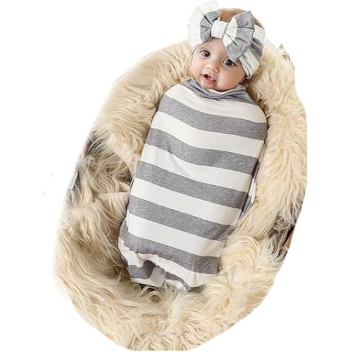 Galabloomer Baby Girl Newborn Receiving Blanket with Headband Set Baby Swaddle Nursery Swaddle Wrap with Card (Stripe)