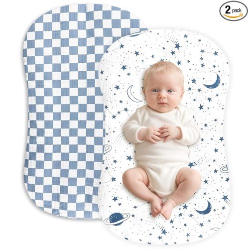 Hooyax Muslin Baby Lounger Cover 2 Pack - 100% Breathable Cotton Soft Infant Lounger Covers, Fits Most Standard Newborn Loungers & Pillows (Blue Checker+Star)