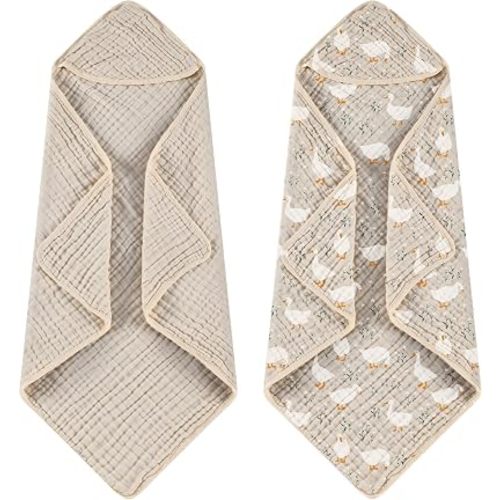 Hahafelt 2 Pcs Goose Baby Hooded Towels for Newborn 100% Muslin Cotton Baby Bath Towel with Hood for Babies Infant Toddler and Kids Large 32x32inch Soft Absorbent Kids Essential Gift