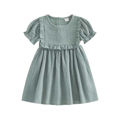 BemeyourBBs Kids Toddler Baby Girl Summer Cotton Linen Dress Clothes Puff Short Sleeve Ruffle Crew Neck Solid A-line Dress