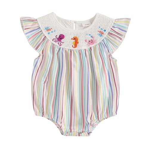 Baby Girl Smocked Outfits Flying Sleeve Bubble Romper Infant Bodysuit | Octopus/Crab/Seahorse/Bow embroidery, Flutter sleeves, Smocked detail, Baby girl summer clothes, for fishing and casual daily