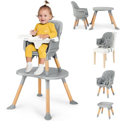 Ezebaby 8-in-1 Baby High Chair, Convertible High Chair for Babies and Toddlers/Booster Seat/Toddler Chair/Table & Chair Set/Kids Stool, Wood Highchair with Removable Tray, Seatbelt, PU Cushion (Gray)