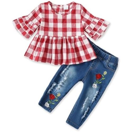 NZRVAWS Baby Girl Clothes Toddler Girl Outfits Infant Ruffle Shirt Denim Ripped Jeans Cute Clothing Set