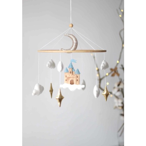 Castle mobile for magic nursery, castle in the sky mobile for baby shower. blue Fairytale Castle - Stars and Clouds Baby Mobile Boy